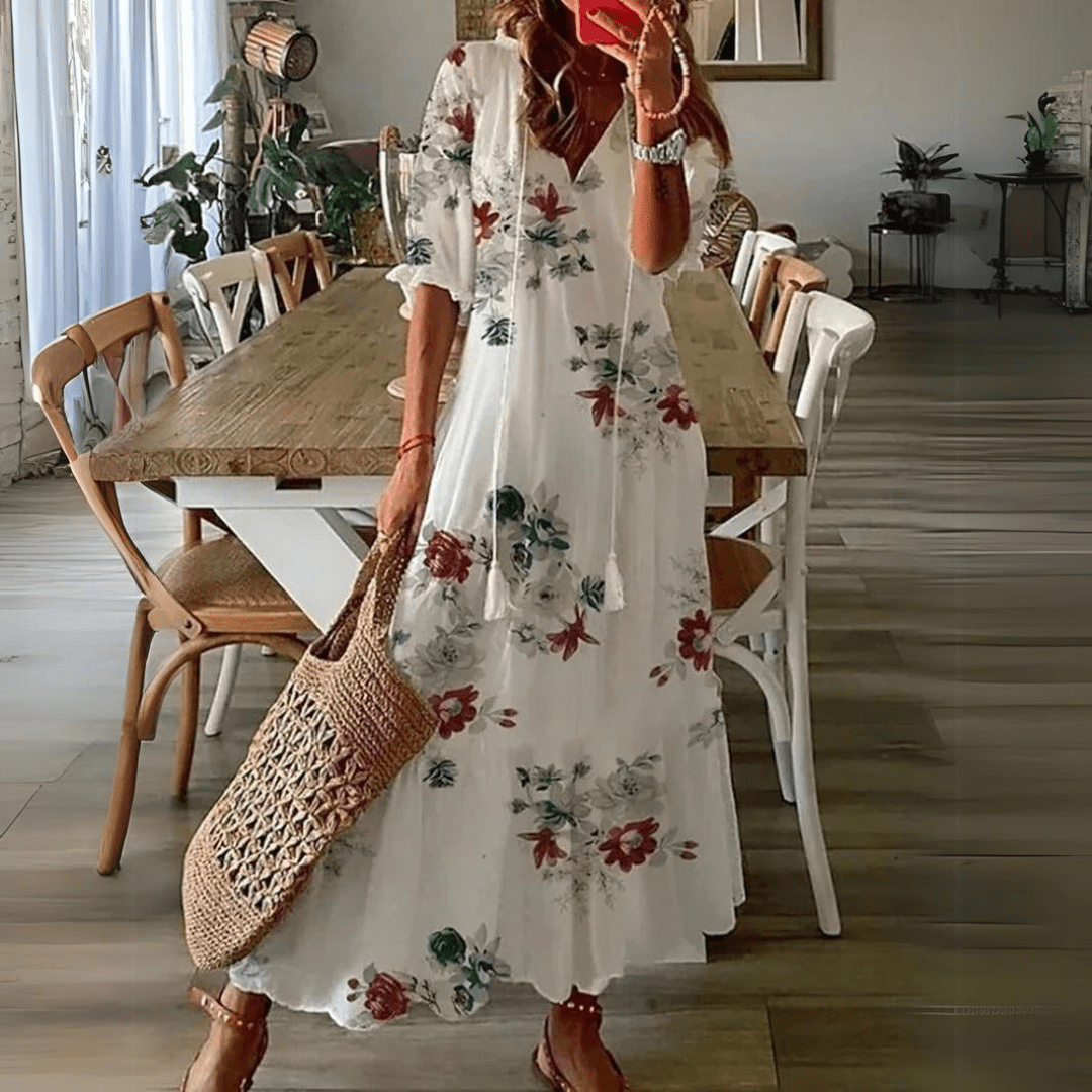 Floral Maxi Zomerjurk Dames met Katoenen V - Hals en Relaxed Fit Design - ZovaFashion - Maxi Jurk