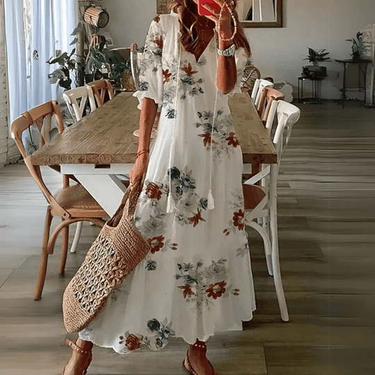 Floral Maxi Zomerjurk Dames met Katoenen V - Hals en Relaxed Fit Design - ZovaFashion - Maxi Jurk