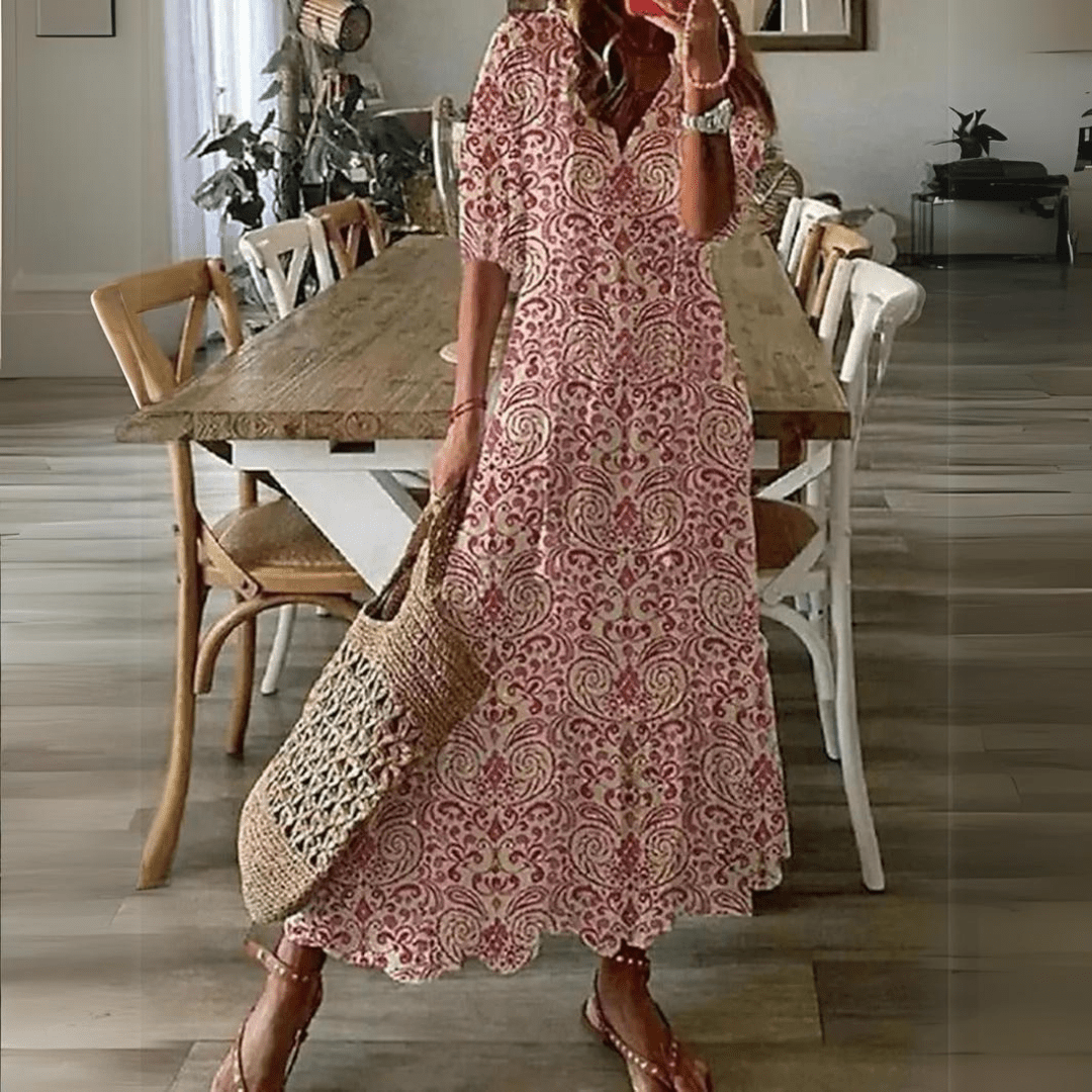 Floral Maxi Zomerjurk Dames met Katoenen V - Hals en Relaxed Fit Design - ZovaFashion - Maxi Jurk