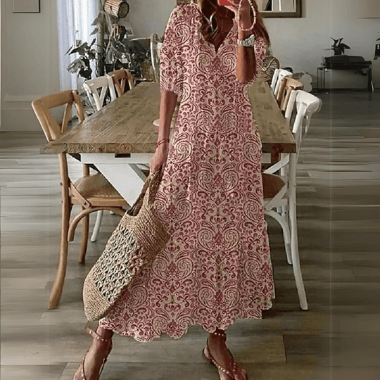 Floral Maxi Zomerjurk Dames met Katoenen V - Hals en Relaxed Fit Design - ZovaFashion - Maxi Jurk