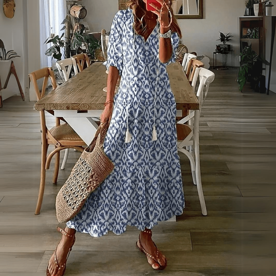 Floral Maxi Zomerjurk Dames met Katoenen V - Hals en Relaxed Fit Design - ZovaFashion - Maxi Jurk