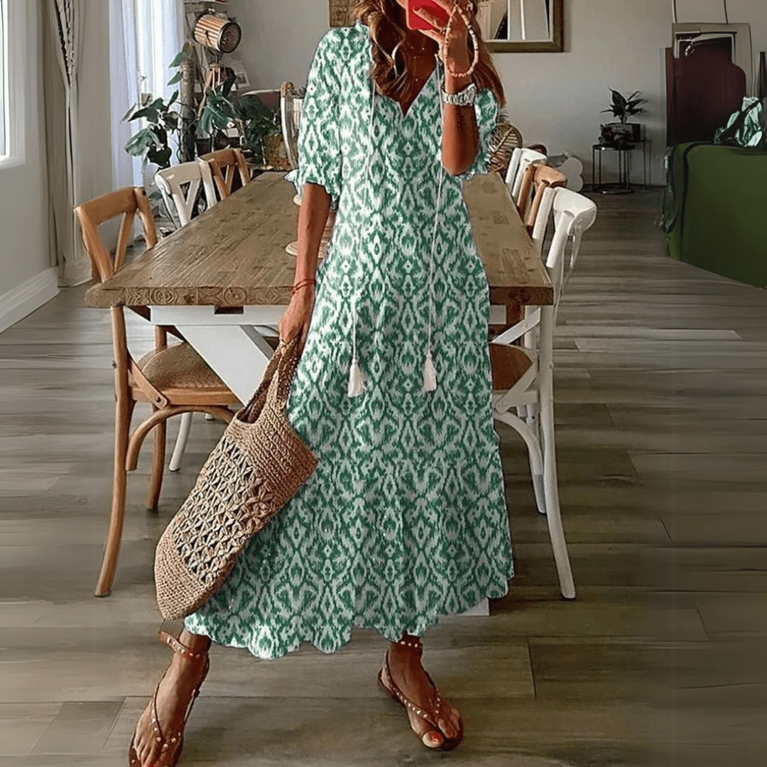 Floral Maxi Zomerjurk Dames met Katoenen V - Hals en Relaxed Fit Design - ZovaFashion - Maxi Jurk