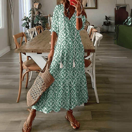 Floral Maxi Zomerjurk Dames met Katoenen V - Hals en Relaxed Fit Design - ZovaFashion - Maxi Jurk