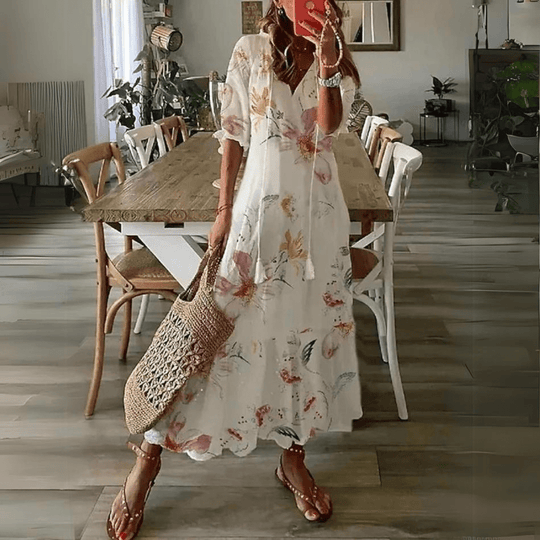 Floral Maxi Zomerjurk Dames met Katoenen V - Hals en Relaxed Fit Design - ZovaFashion - Maxi Jurk