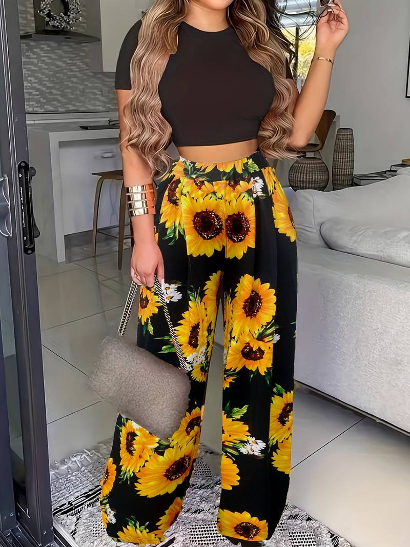 Floral Pantalon Dames van Katoen met Relaxed Fit en Elastische Tailleband - ZovaFashion - Lange Broek Dames