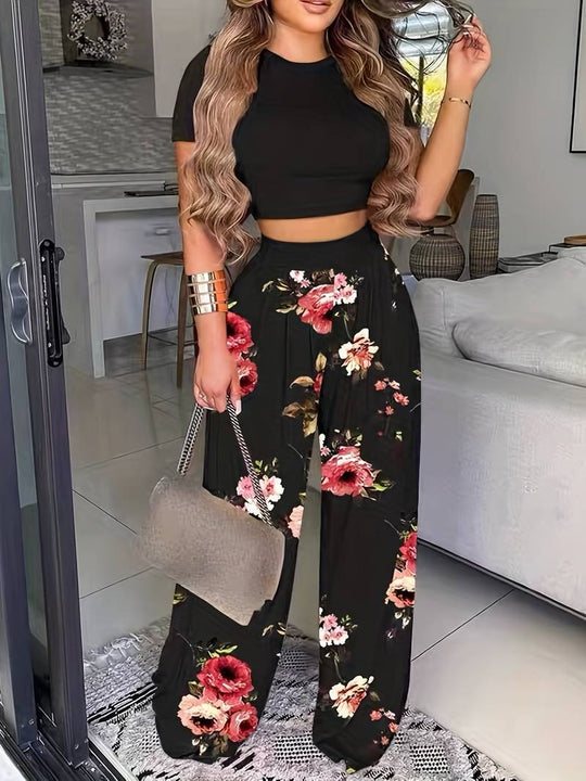 Floral Pantalon Dames van Katoen met Relaxed Fit en Elastische Tailleband - ZovaFashion - Lange Broek Dames