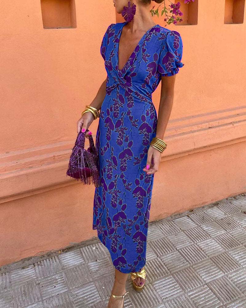 Floral Print Midi Zomerjurk Dames met Puff Mouwen en Viscose Blend - ZovaFashion - Midi Jurken