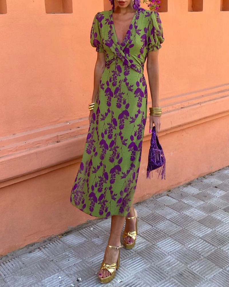 Floral Print Midi Zomerjurk Dames met Puff Mouwen en Viscose Blend - ZovaFashion - Midi Jurken