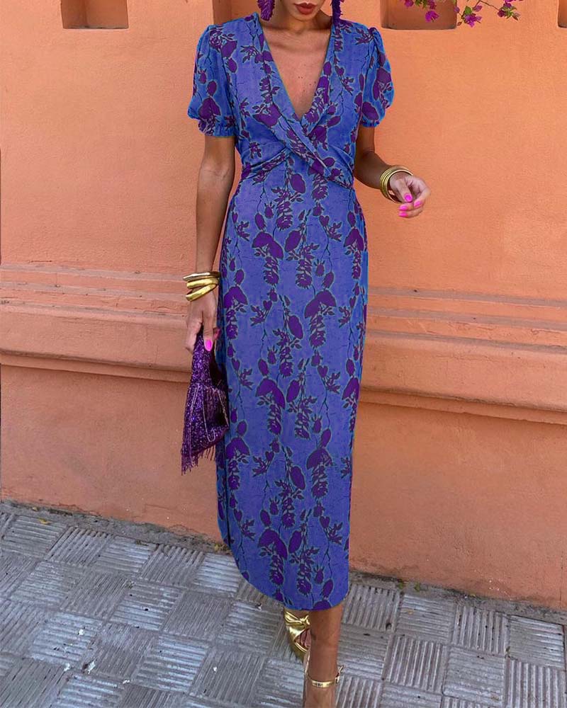 Floral Print Midi Zomerjurk Dames met Puff Mouwen en Viscose Blend - ZovaFashion - Midi Jurken