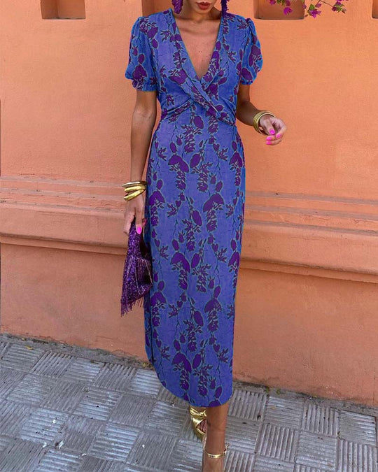 Floral Print Midi Zomerjurk Dames met Puff Mouwen en Viscose Blend - ZovaFashion - Midi Jurken