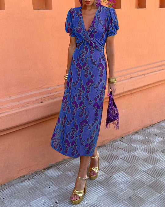 Floral Print Midi Zomerjurk Dames met Puff Mouwen en Viscose Blend - ZovaFashion - Midi Jurken