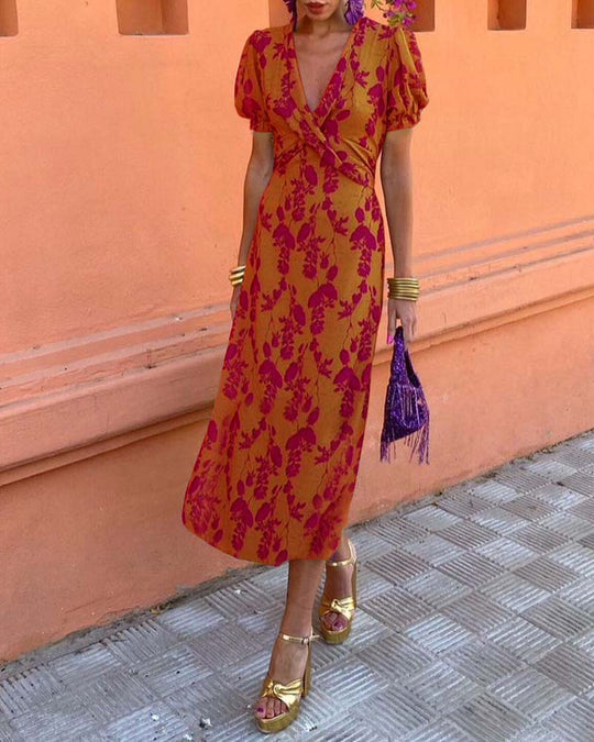 Floral Print Midi Zomerjurk Dames met Puff Mouwen en Viscose Blend - ZovaFashion - Midi Jurken
