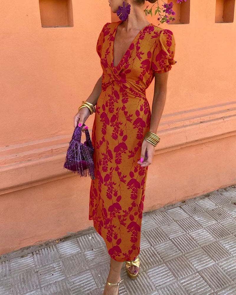 Floral Print Midi Zomerjurk Dames met Puff Mouwen en Viscose Blend - ZovaFashion - Midi Jurken
