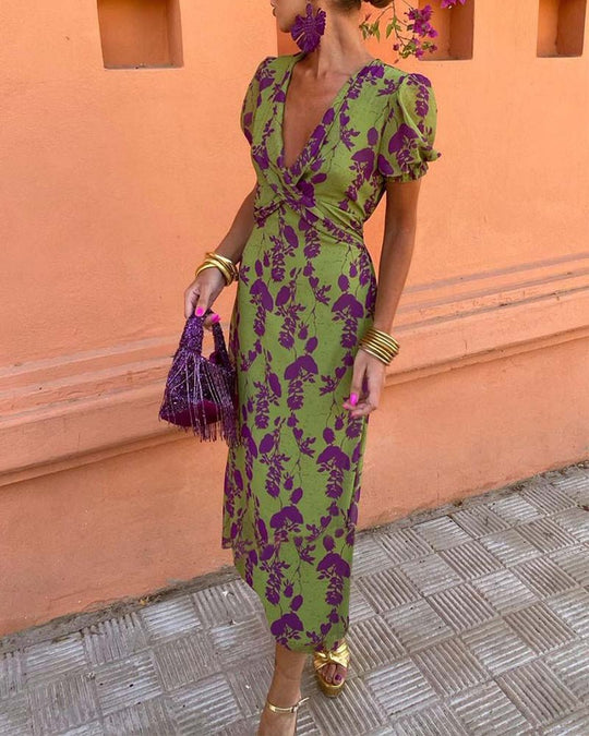 Floral Print Midi Zomerjurk Dames met Puff Mouwen en Viscose Blend - ZovaFashion - Midi Jurken