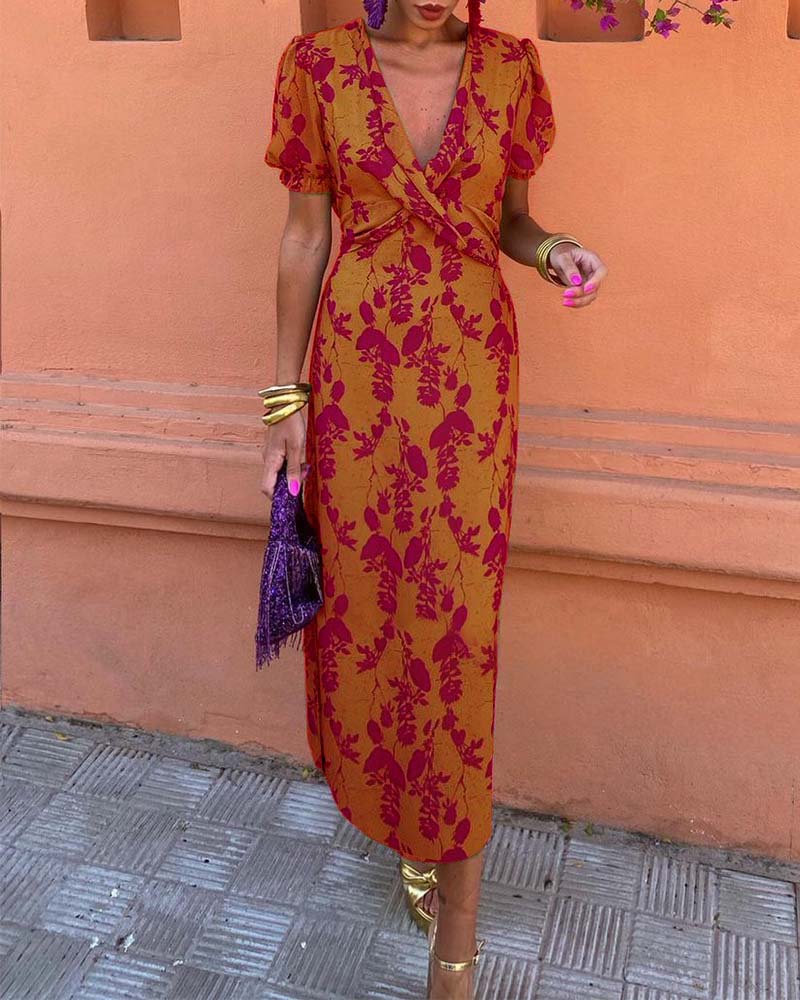 Floral Print Midi Zomerjurk Dames met Puff Mouwen en Viscose Blend - ZovaFashion - Midi Jurken