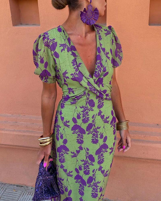 Floral Print Midi Zomerjurk Dames met Puff Mouwen en Viscose Blend - ZovaFashion - Midi Jurken