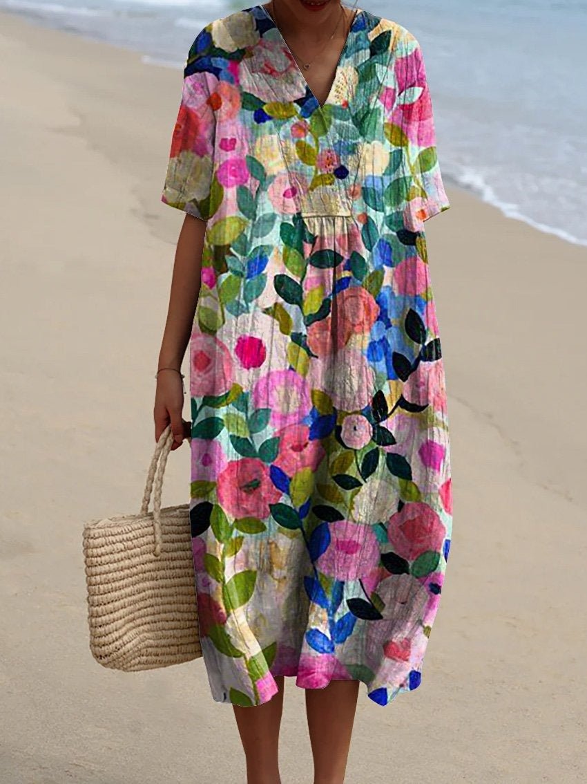 Floral V - Hals Midi Zomerjurk van Katoen met Relaxed Fit - ZovaFashion - Midi Jurk