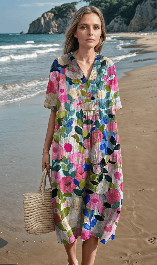 Floral V - Hals Midi Zomerjurk van Katoen met Relaxed Fit - ZovaFashion - Midi Jurk