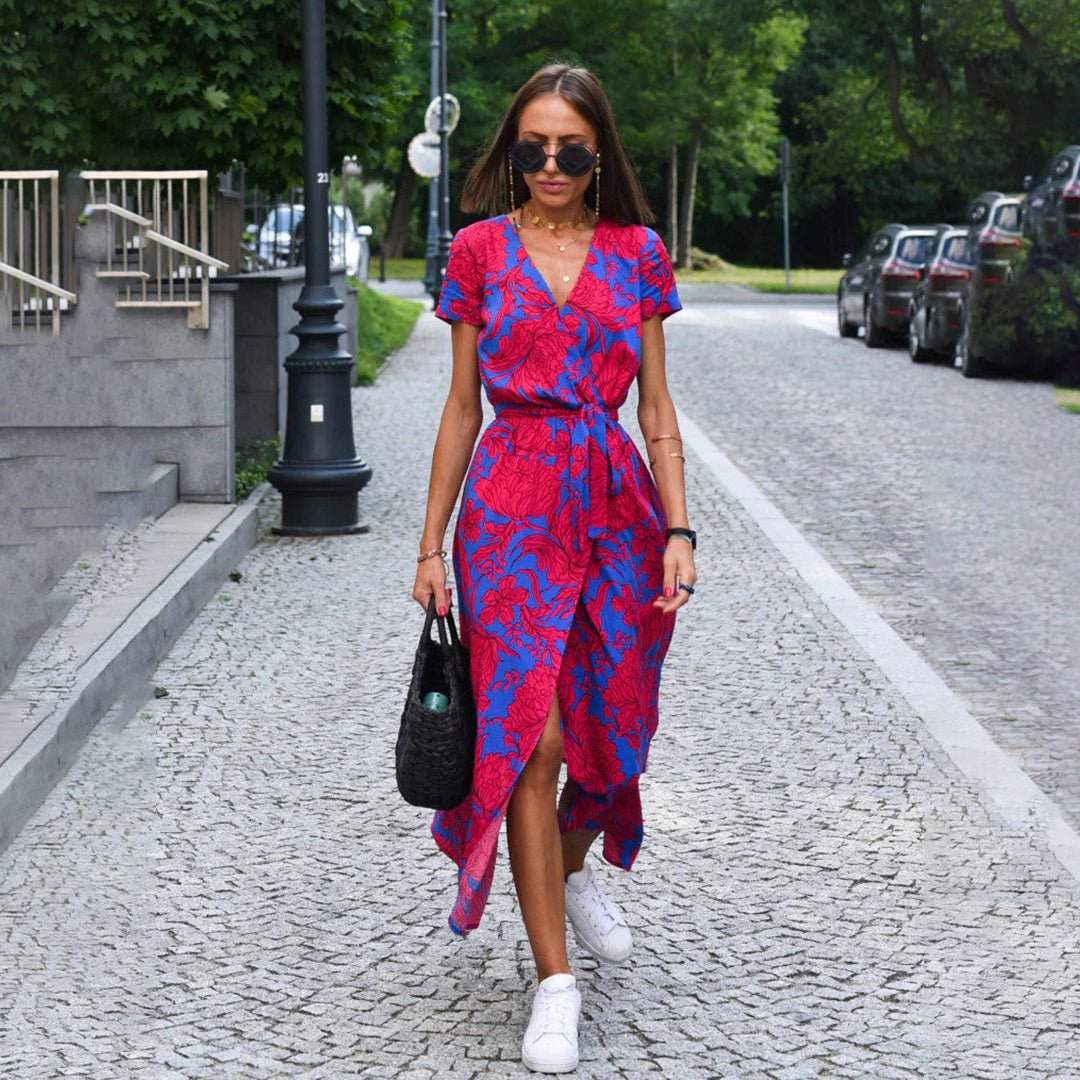 Floral V - Neck Midi Zomerjurk Dames van Rayon met Verstelbare Taille en Korte Mouwen - ZovaFashion - Midi Jurk