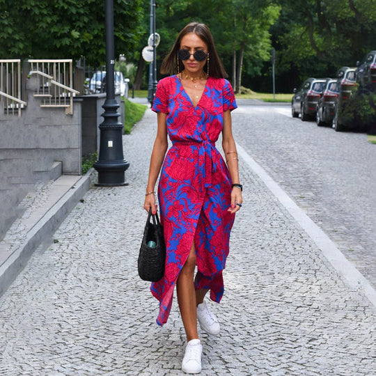 Floral V - Neck Midi Zomerjurk Dames van Rayon met Verstelbare Taille en Korte Mouwen - ZovaFashion - Midi Jurk