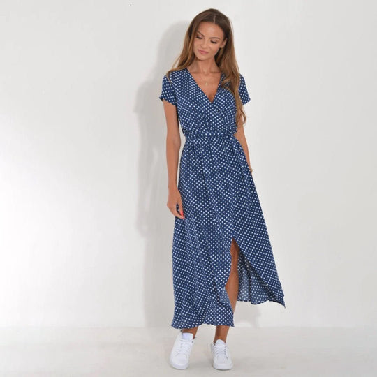 Floral V - Neck Midi Zomerjurk Dames van Rayon met Verstelbare Taille en Korte Mouwen - ZovaFashion - Midi Jurk