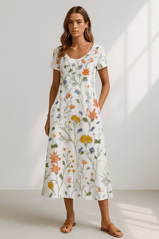 Florella | Dames zomerjurk met korte mouw en bloemenprint - ZovaFashion - Midi Jurken
