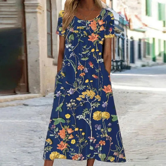 Florella | Dames zomerjurk met korte mouw en bloemenprint - ZovaFashion - Midi Jurken