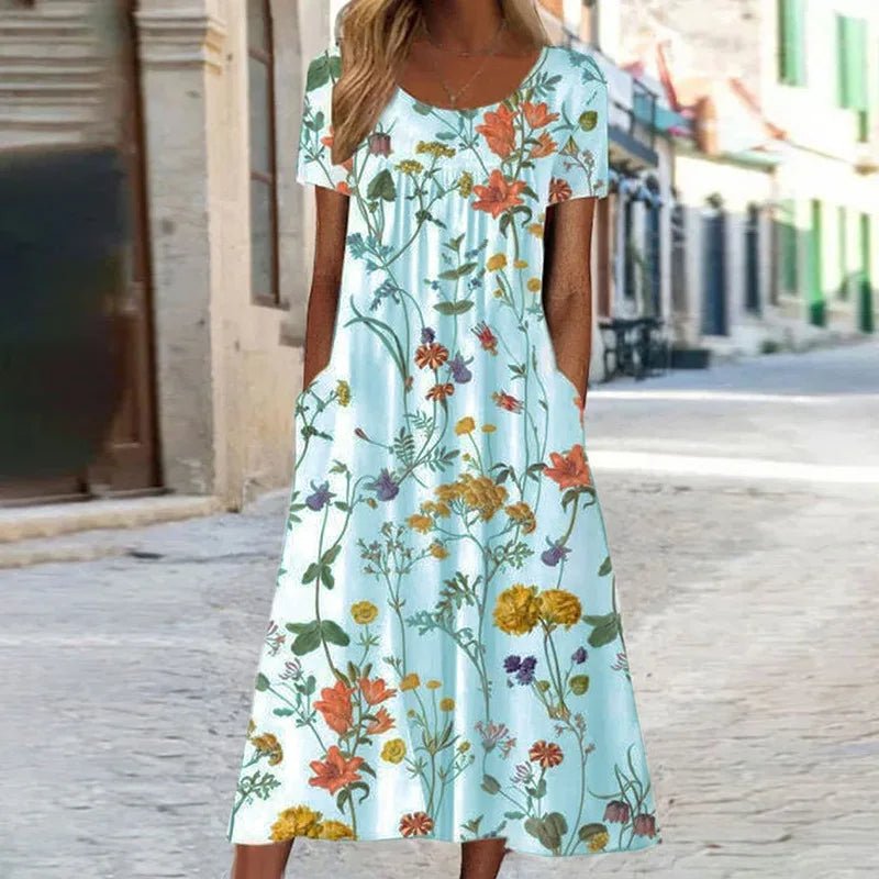 Florella | Dames zomerjurk met korte mouw en bloemenprint - ZovaFashion - Midi Jurken