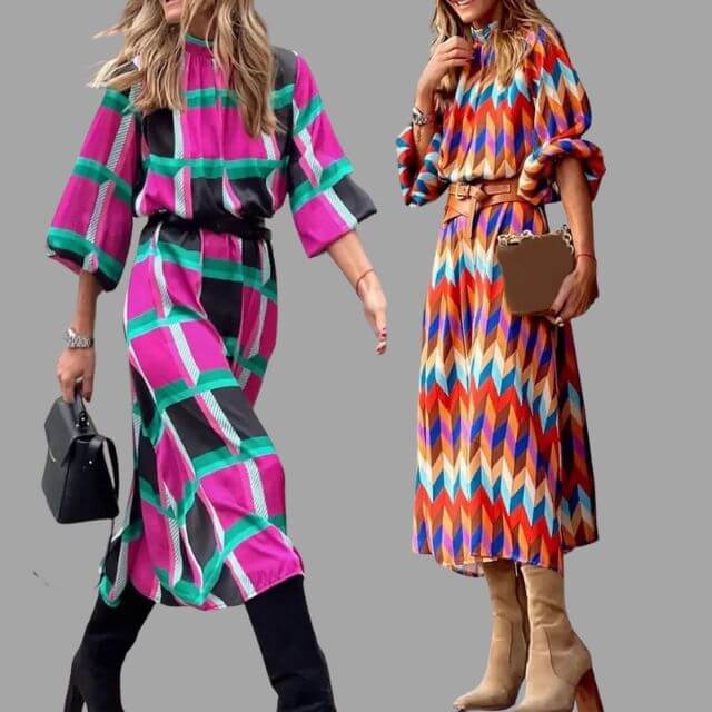 Geometrische Midi Zomerjurk Dames met Lange Mouwen en Geaccentueerde Taille - ZovaFashion - Midi Jurk