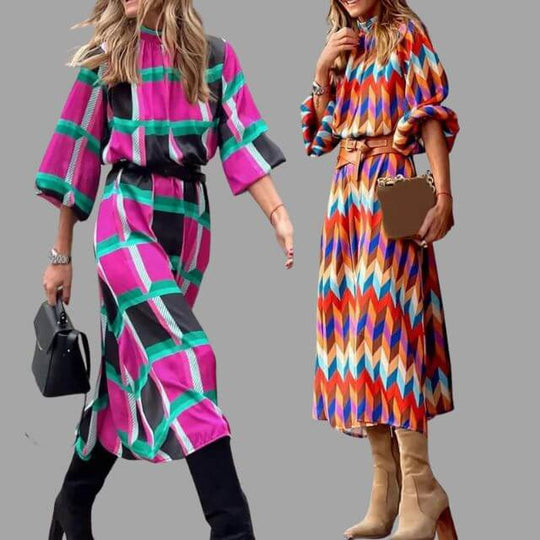Geometrische Midi Zomerjurk Dames met Lange Mouwen en Geaccentueerde Taille - ZovaFashion - Midi Jurk