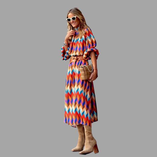 Geometrische Midi Zomerjurk Dames met Lange Mouwen en Geaccentueerde Taille - ZovaFashion - Midi Jurk