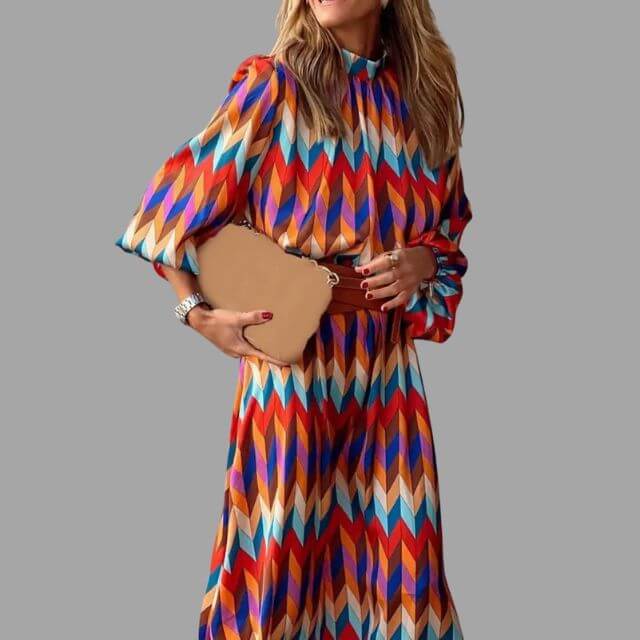 Geometrische Midi Zomerjurk Dames met Lange Mouwen en Geaccentueerde Taille - ZovaFashion - Midi Jurk