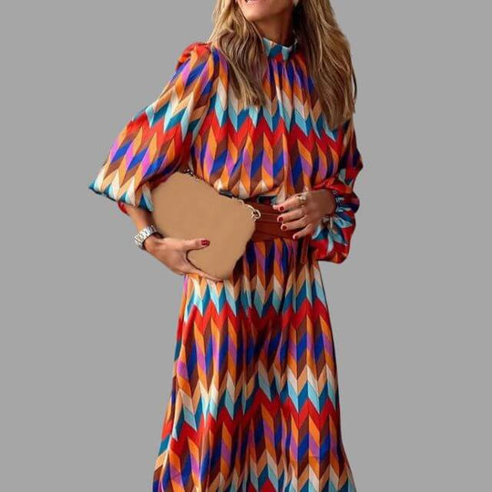 Geometrische Midi Zomerjurk Dames met Lange Mouwen en Geaccentueerde Taille - ZovaFashion - Midi Jurk