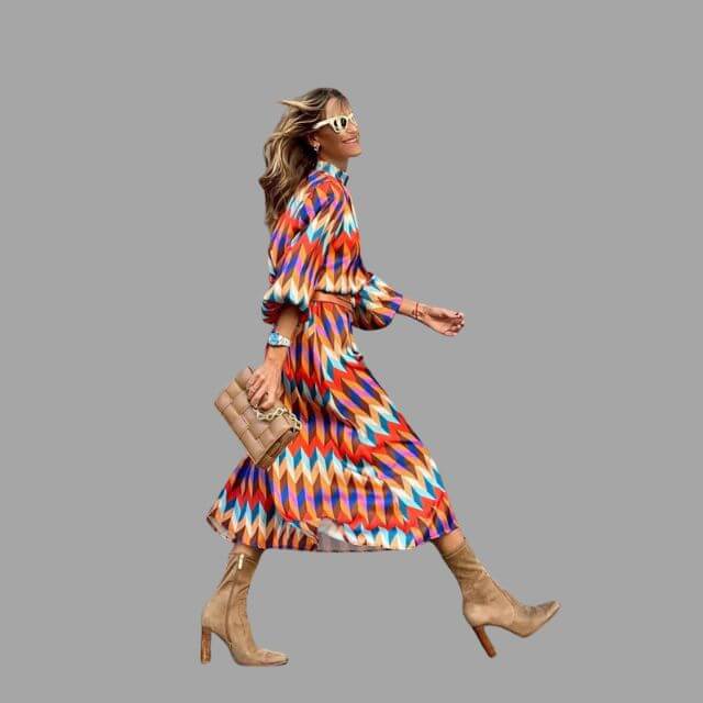 Geometrische Midi Zomerjurk Dames met Lange Mouwen en Geaccentueerde Taille - ZovaFashion - Midi Jurk