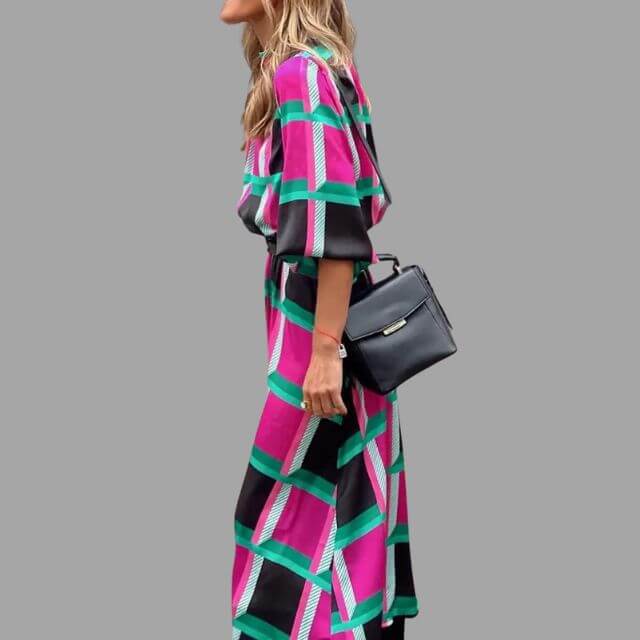 Geometrische Midi Zomerjurk Dames met Lange Mouwen en Geaccentueerde Taille - ZovaFashion - Midi Jurk