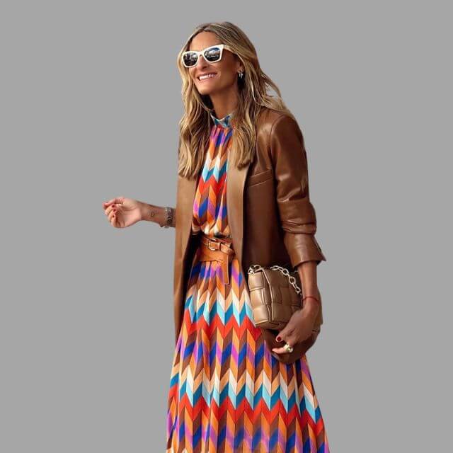 Geometrische Midi Zomerjurk Dames met Lange Mouwen en Geaccentueerde Taille - ZovaFashion - Midi Jurk