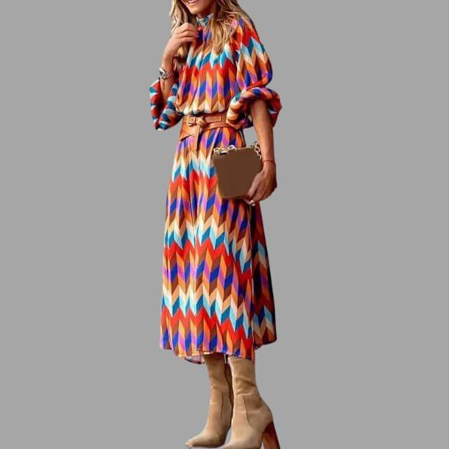 Geometrische Midi Zomerjurk Dames met Lange Mouwen en Geaccentueerde Taille - ZovaFashion - Midi Jurk