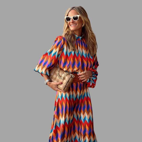 Geometrische Midi Zomerjurk Dames met Lange Mouwen en Geaccentueerde Taille - ZovaFashion - Midi Jurk