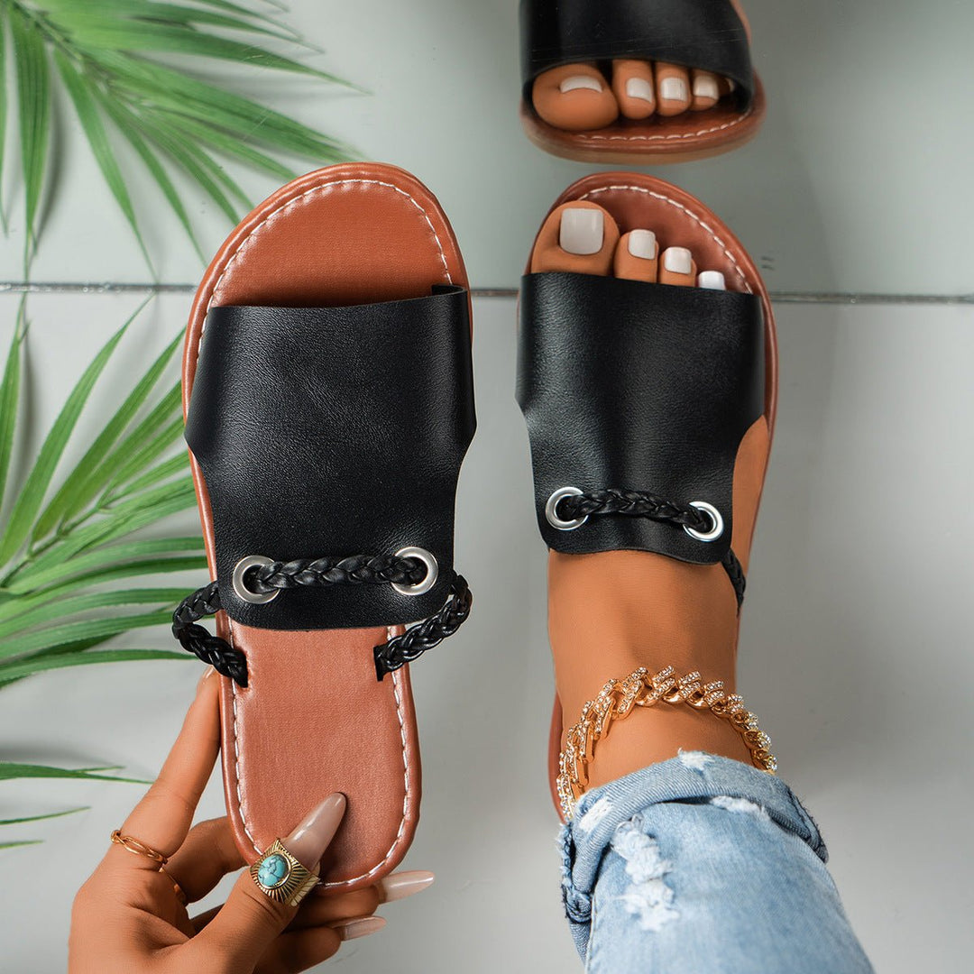 Gevlochten PU Lederen Sandalen Dames met Open Teen en Slip - On Design - ZovaFashion - Sandalen Dames