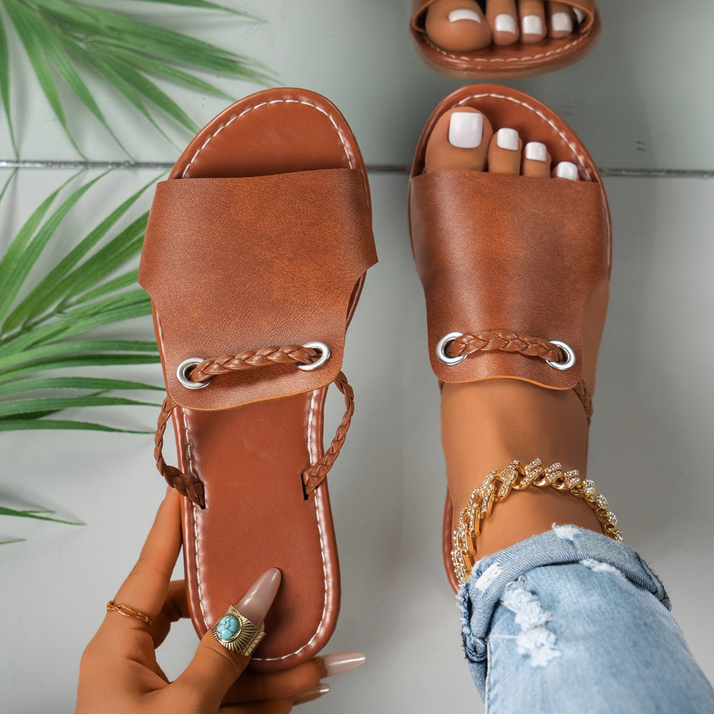 Gevlochten PU Lederen Sandalen Dames met Open Teen en Slip - On Design - ZovaFashion - Sandalen Dames