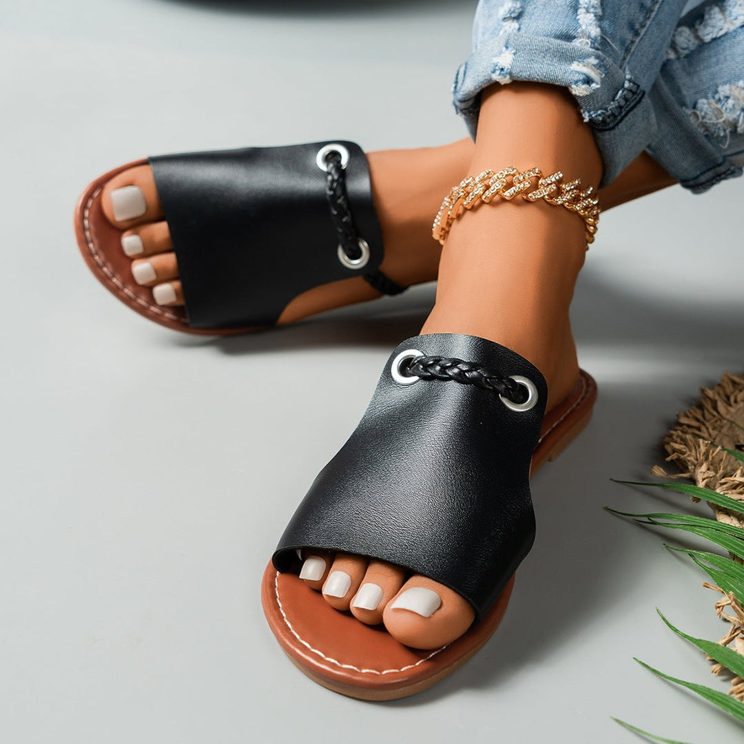 Gevlochten PU Lederen Sandalen Dames met Open Teen en Slip - On Design - ZovaFashion - Sandalen Dames