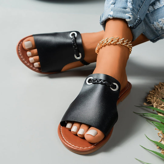 Gevlochten PU Lederen Sandalen Dames met Open Teen en Slip - On Design - ZovaFashion - Sandalen Dames
