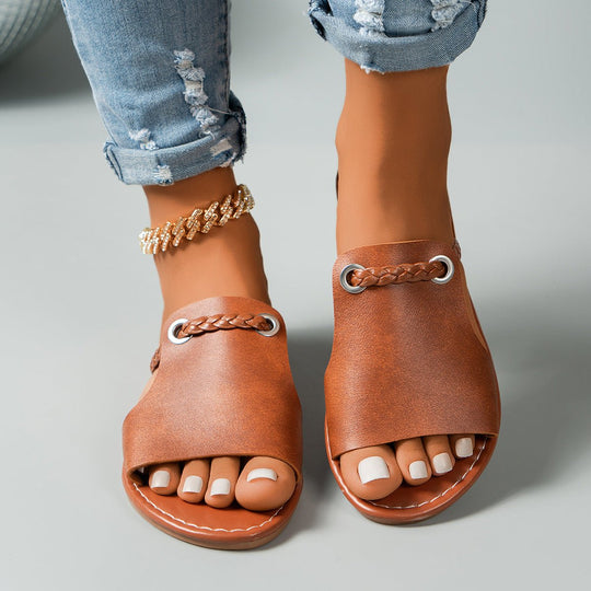 Gevlochten PU Lederen Sandalen Dames met Open Teen en Slip - On Design - ZovaFashion - Sandalen Dames