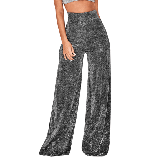 Glitter Pantalon Dames met Hoge Taille en Wijde Pijpen - ZovaFashion - Lange Broek Dames