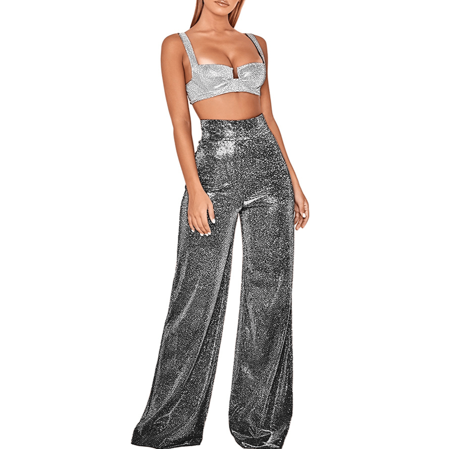 Glitter Pantalon Dames met Hoge Taille en Wijde Pijpen - ZovaFashion - Lange Broek Dames