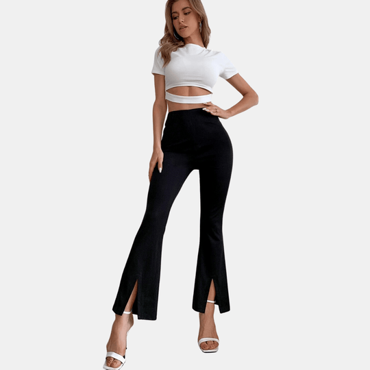 Hoge Taille Pantalon Dames van Stretchstof met Flared Design en Voorsplit - ZovaFashion - Lange Broek Dames