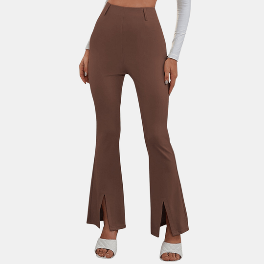 Hoge Taille Pantalon Dames van Stretchstof met Flared Design en Voorsplit - ZovaFashion - Lange Broek Dames