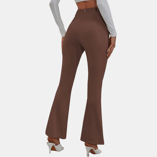 Hoge Taille Pantalon Dames van Stretchstof met Flared Design en Voorsplit - ZovaFashion - Lange Broek Dames
