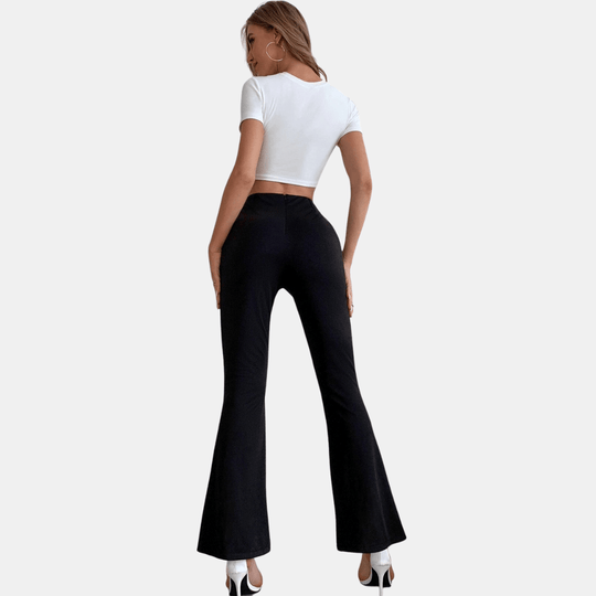 Hoge Taille Pantalon Dames van Stretchstof met Flared Design en Voorsplit - ZovaFashion - Lange Broek Dames