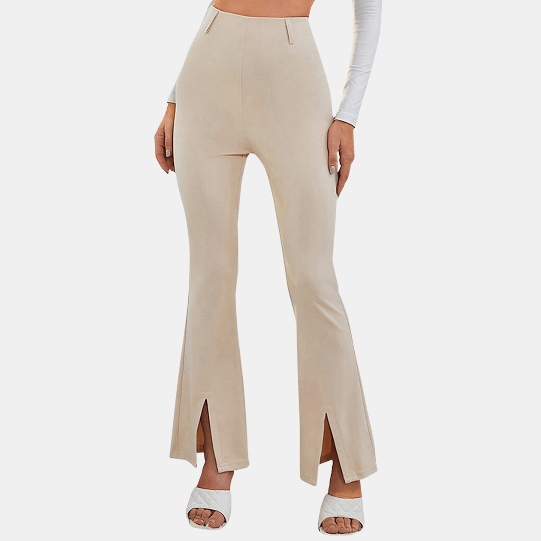 Hoge Taille Pantalon Dames van Stretchstof met Flared Design en Voorsplit - ZovaFashion - Lange Broek Dames